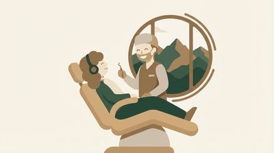 Illustration of a calm, welcoming dental office in a mountain setting