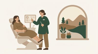Illustration of a pregnant woman at a gentle dental checkup with mountain scenery through the window
