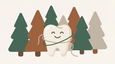 Illustration of flossing between teeth with a mountain backdrop