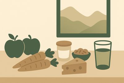 Illustration of tooth-friendly foods on a kitchen table with mountains outside the window