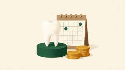 Illustration of a healthy tooth on a green pedestal beside an appointment calendar and stacked coins