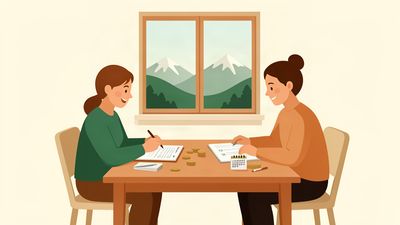 Flat vector illustration of a family reviewing a simple dental care plan with central Utah mountains outside the window