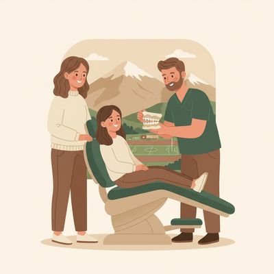 Illustration of a teen and parent talking with a dentist about orthodontic options in Mount Pleasant, Utah