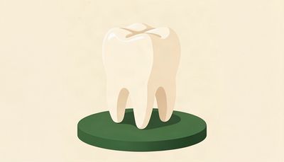 Warm illustration of a healthy ivory tooth on a forest-green pedestal