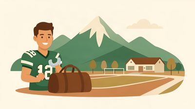 Flat vector illustration of a high school athlete holding a sports mouthguard near a rural Utah school field