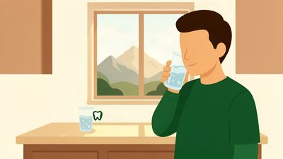 Flat vector illustration of a person with cold tooth sensitivity in a warm Mount Pleasant kitchen