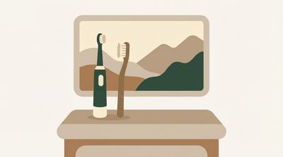 Illustration of electric and manual toothbrushes by a bathroom sink with mountains outside the window