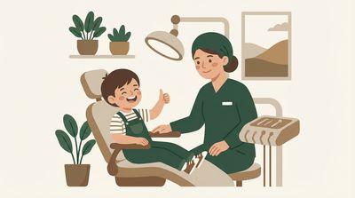 Illustration of a happy child in a dentist chair with a friendly dentist