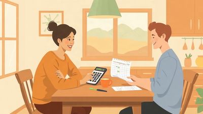 Warm flat illustration of a family reviewing dental paperwork at a kitchen table with central Utah mountains outside