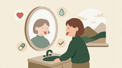 Illustration of a healthy tongue with health indicator icons