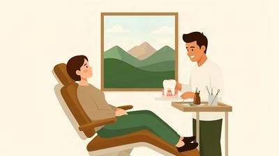 Flat illustration of a calm patient in a dental chair while a dentist explains root canal treatment