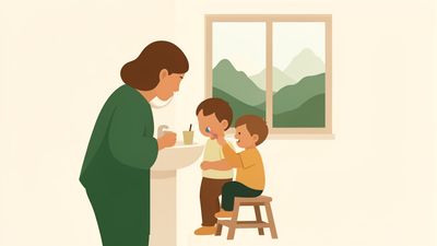 A parent helping a young child brush at the bathroom sink with central Utah mountains outside the window