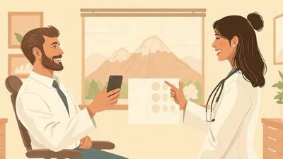 Flat illustration of a friendly dental whitening consultation with central Utah mountains outside the window