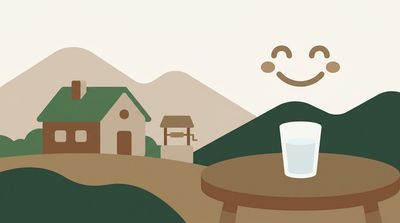 Illustration of a rural home with a well, a glass of water, and a healthy smile in a mountain valley setting