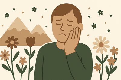 Illustration of a person with allergy symptoms and tooth pain in a spring mountain setting