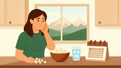 Flat vector illustration of a person with tooth discomfort in a central Utah kitchen