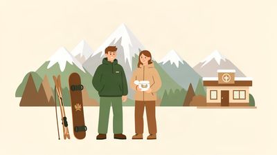 Flat illustration of a Sanpete County family with winter sports gear and a mouthguard case near snowy mountains
